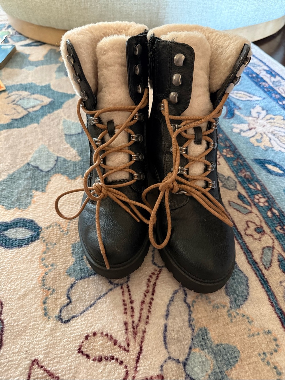 Indigo Black Lace-Up Shearling-Lined Boots with Tan Laces